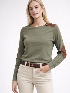 Lauren Ralph Lauren Equestrian Elbow Patch Top Olive Old Money L